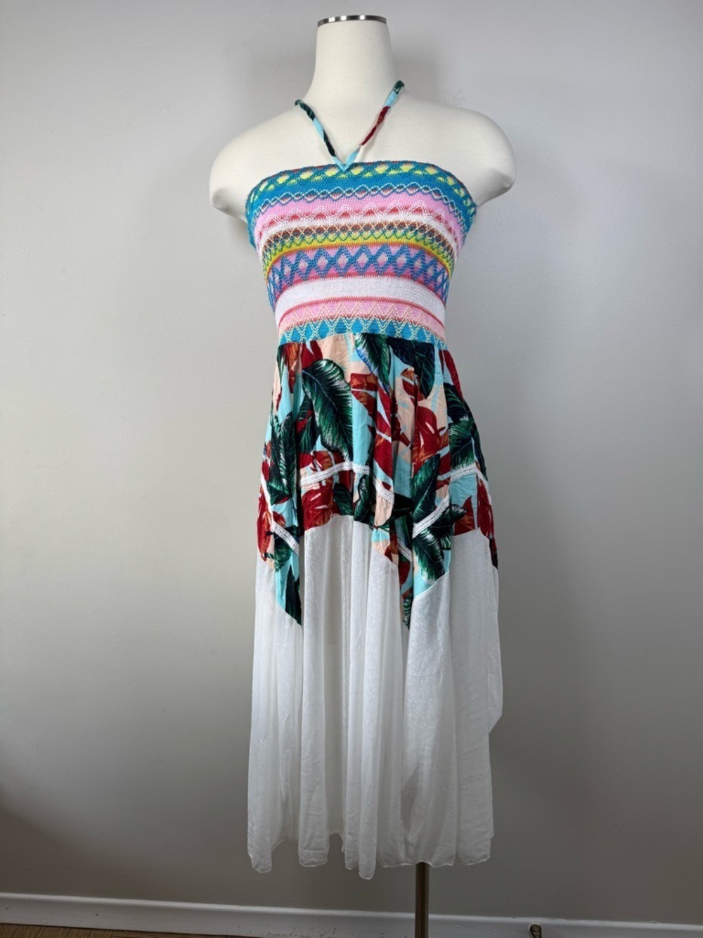 Tropical Smocked Halter Midi Dress in White and Multicolor